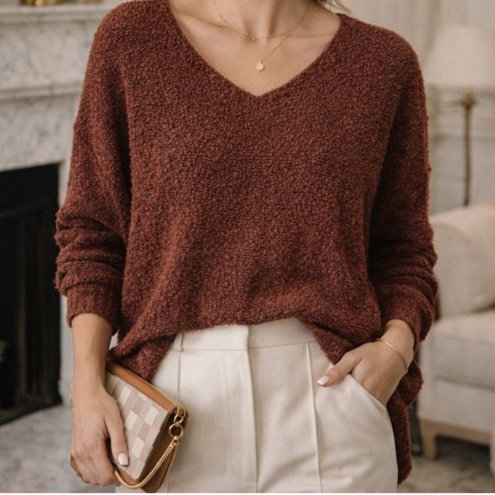 Altar'd State Women Small Medium Rust Orange Textured V Neck Long Sleeve Sweater